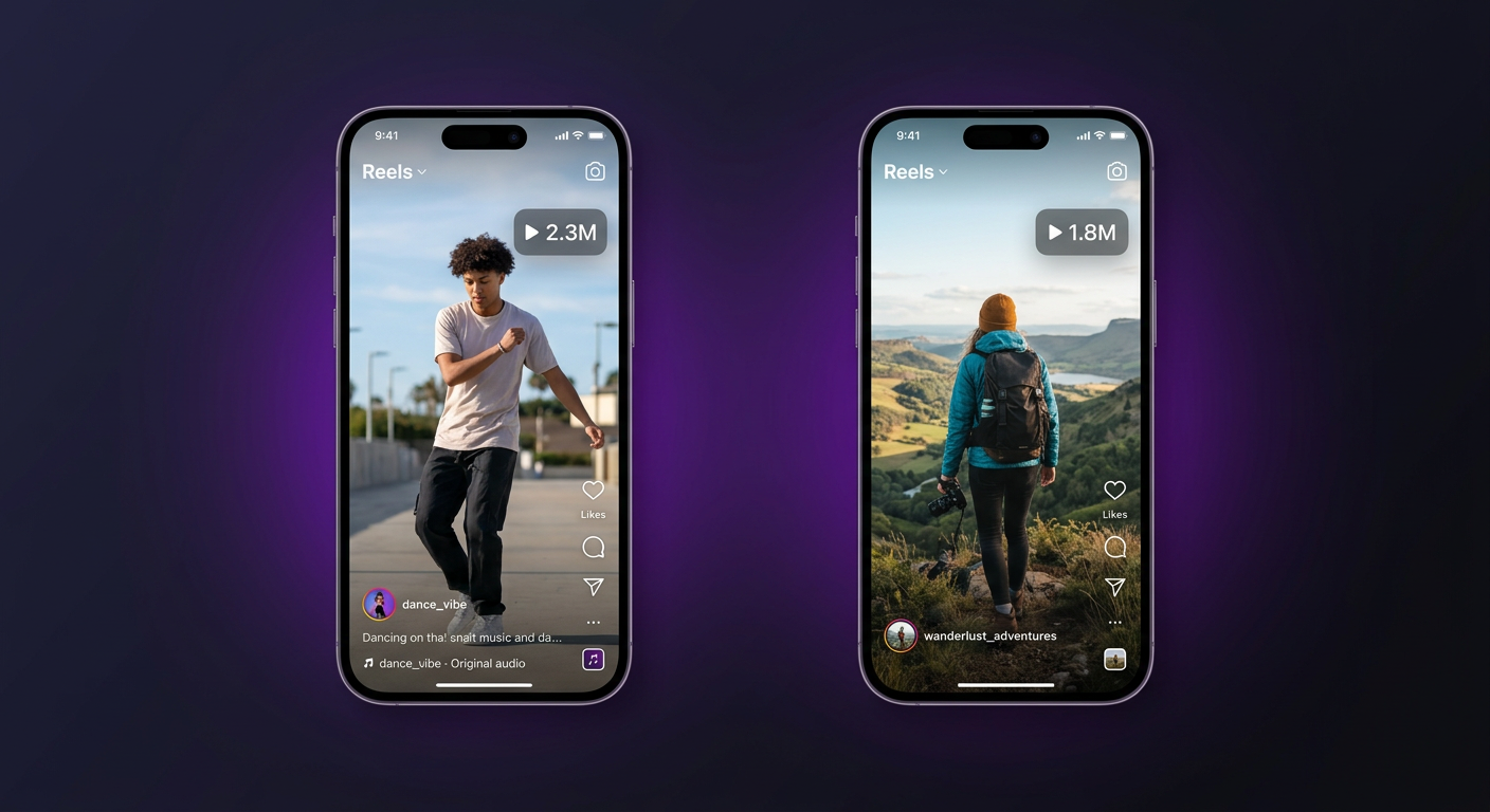 Phone mockups showing viral Instagram reels with millions of views
